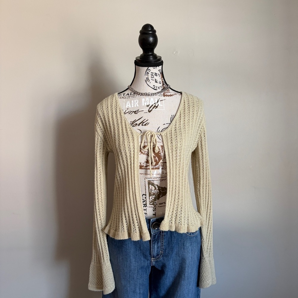 beige crochet knit front tie boho cardigan